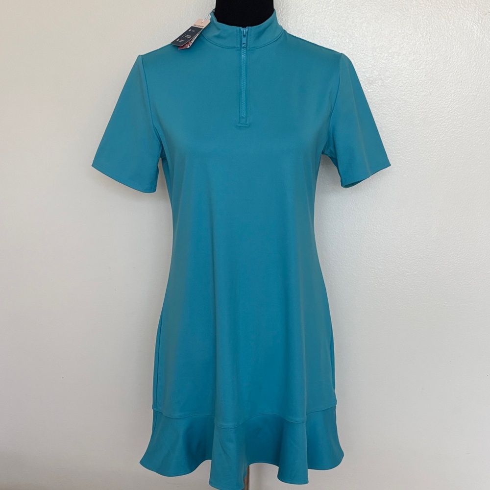Tommy Bahama Aqua Teal Short Sleeve Zip-Front Ruffle Hem Gulf Dress Size Large